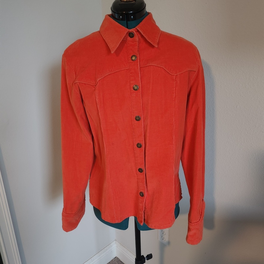 Live a Little Womens VTG Orange Baby Cord Jacket / Shacket Size L Western Boho
